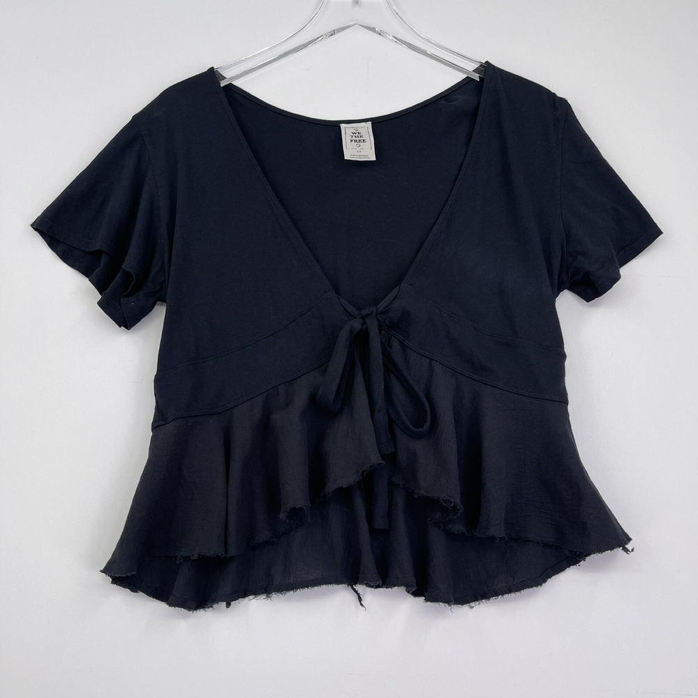 Free People We The Free Small Womens Top Black V-neck Short Sleeve Ruffle Shirt